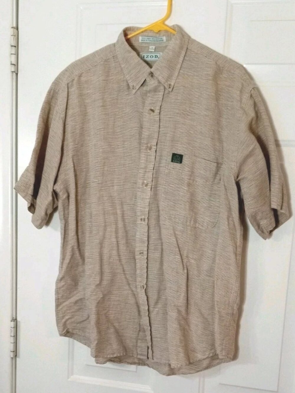 IZOD Beige Micro Check Short Sleeve Button Up Shirt Men's Medium Linen Cotton